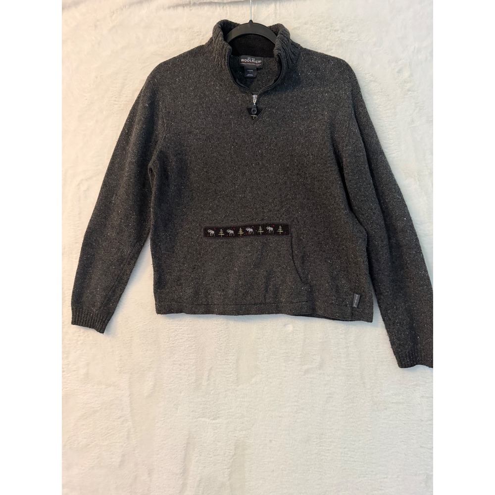 Woolrich Womens Charcoal Heather Quarter Zip Moose Tree Knit Sweater Large 13548